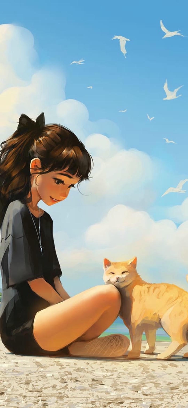 hình nền con mèo và cô gái